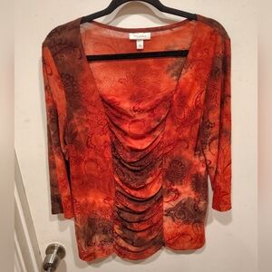 Dressbarn Red Mesh Flocked Velvet Square Neck Ruched Top Sz 1X Whimsigoth Fairy